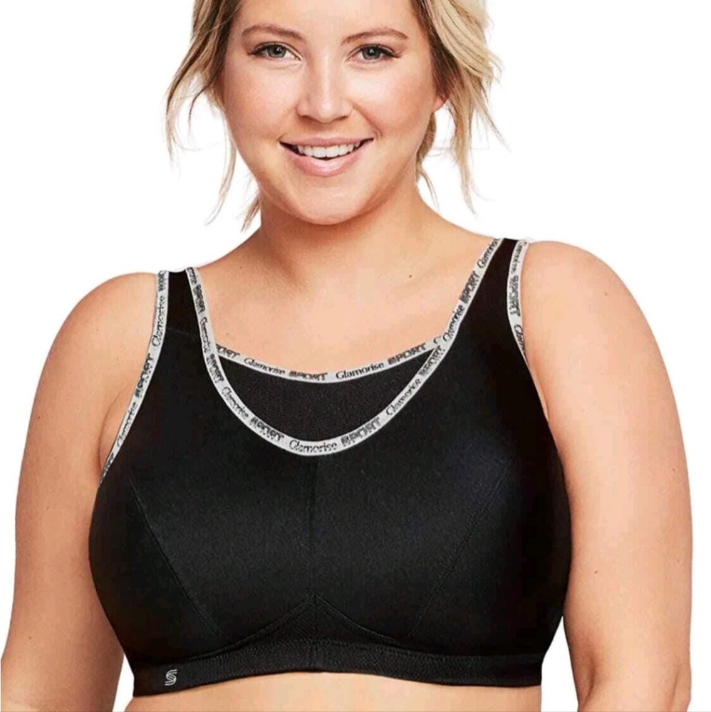 GLAMORISE Women's Black Logo Trim No Bounce Cami Sports Bra Wirefree Size 40F.